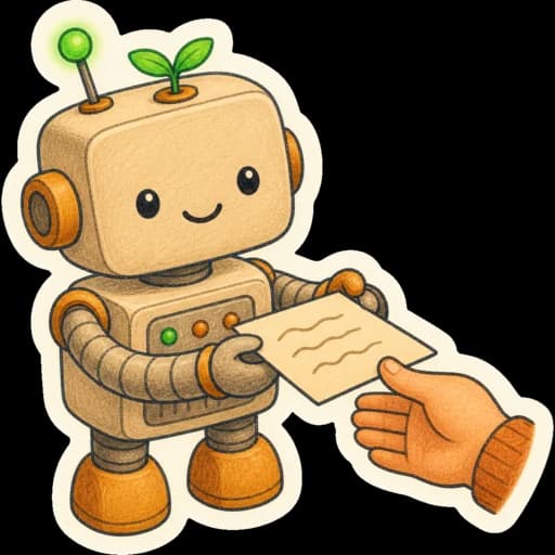 A friendly robot handing a written draft to a human hand