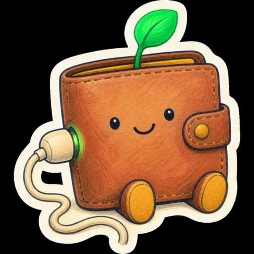 A wallet character being plugged in, with a green sprout growing out of it